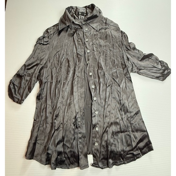 Bebe Button Down Shirt Top Gray Rhinestone Embellished Collar 3/4 Sleeve Medium - Picture 1 of 6